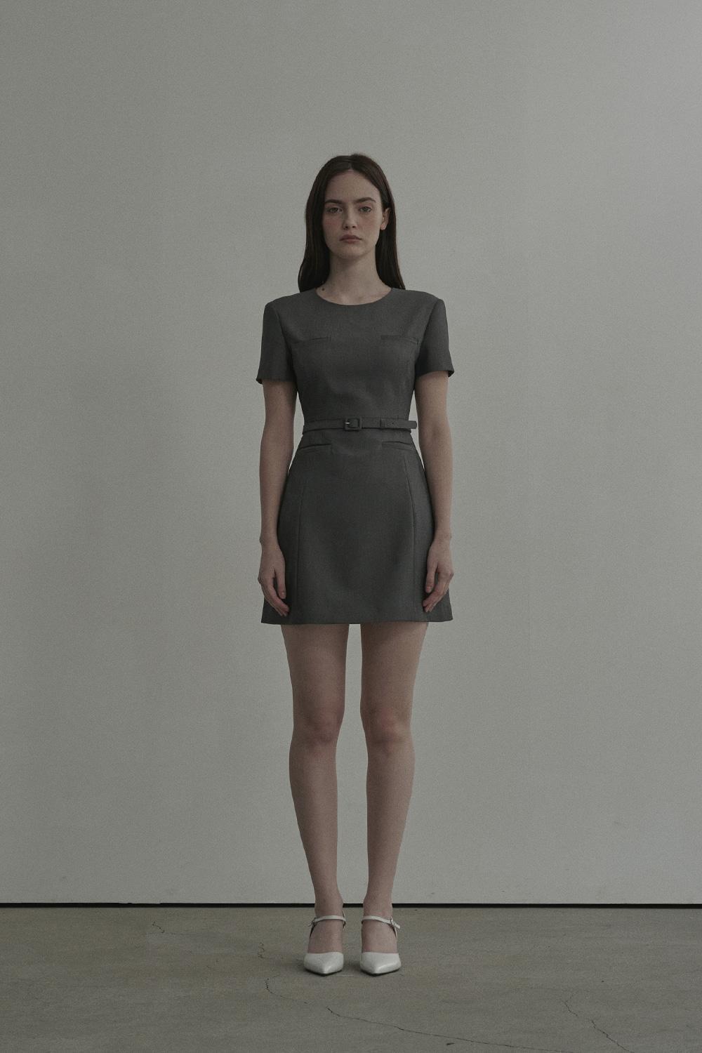 [3월 17일 예약발송] Belted Round Neck Suit Dress-Grey