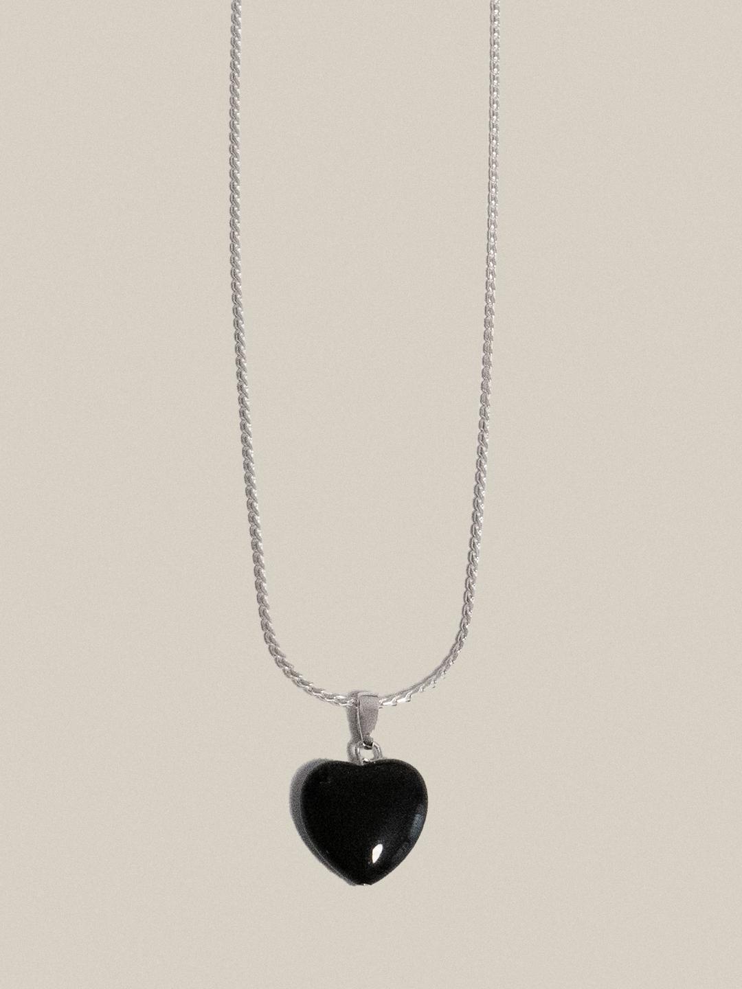 Black Onyx Heart Necklace Silver