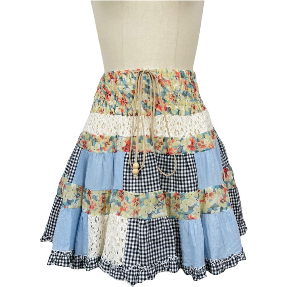 2395 플라워 체크 레이스 프릴 미니 패치워크스커트