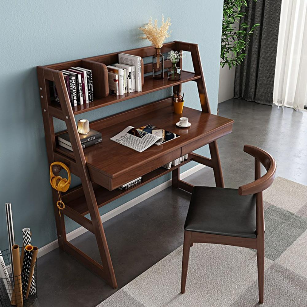 친환경 고무나무 3단 선반 책상 책장 우드책상 원목책상