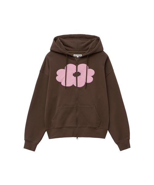 FLORAL CROPPED HOODIE ZIP-UP brown