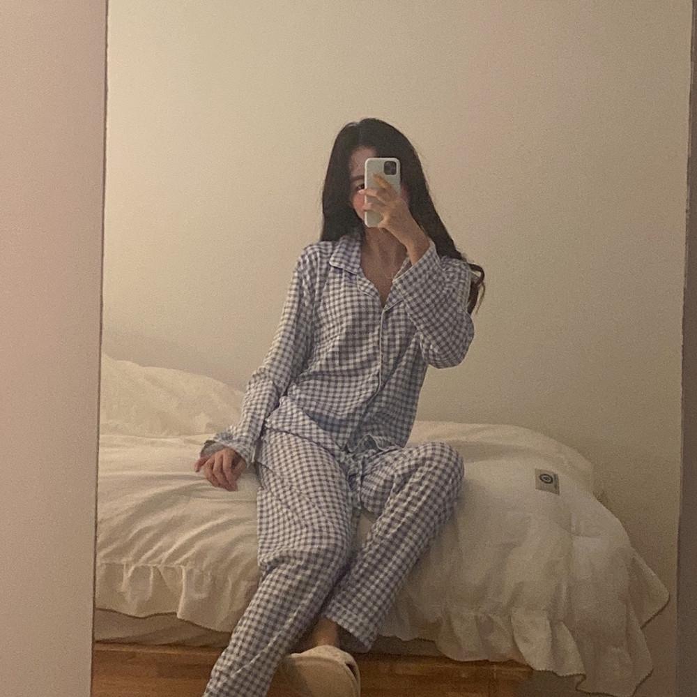 스카이 구름 체크 긴팔 파자마 잠옷 세트