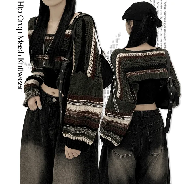 [유니크힙🖤] 레이어드룩 빈티지 입술넥 배색 보헤미안 언더붑 크롭니트 그런지룩 키작녀추천