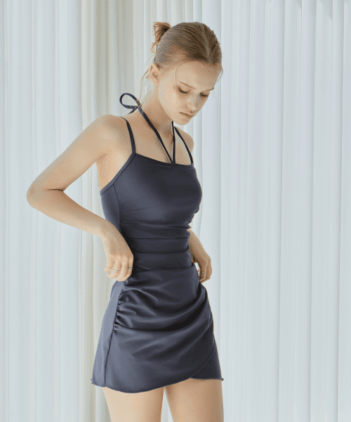 홀터 셔링 스커트 모노키니 - Charcoal