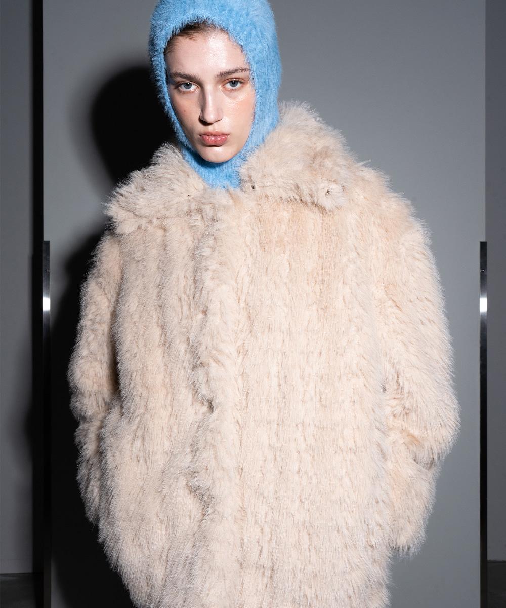 Eco Fur Neckline Hook 4 Button Jacket Beige