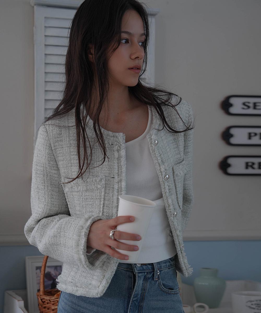 드헤베 Fringe Trimming Tweed Jacket [Mixed Ivory]