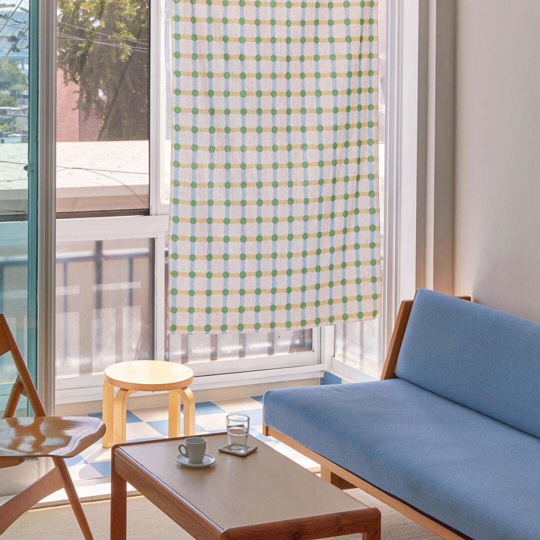 DOT CHECK FABRIC - GREEN ON BEIGE