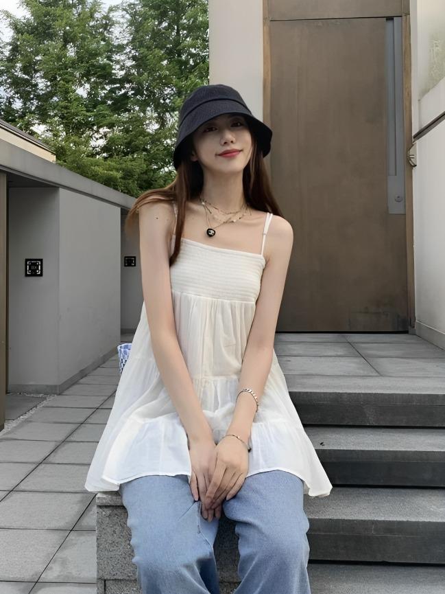 White Flowy Mini Sling Dress | Jennie - BlackPink