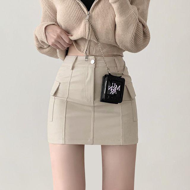[핏보장-!/가을필수] 어디에든, 만능 코디 비건 페이크 레더 H 딱붙 카고 미니 스커트_뮤어린