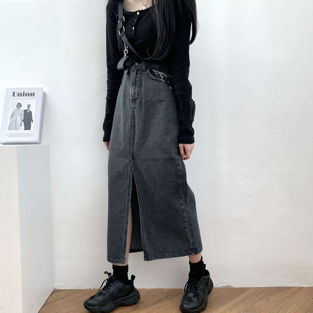 소장가치! 앞트임 흑청 데님 롱 스커트_코튼로그