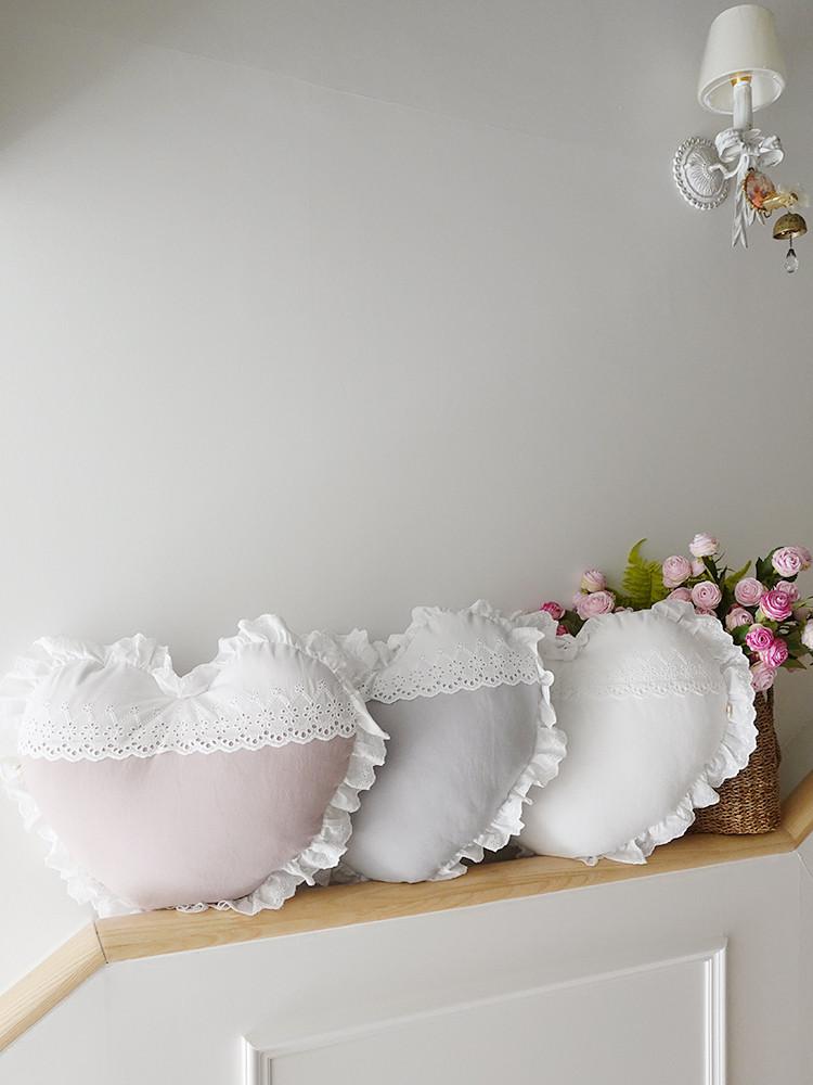 밀크 레이스프릴 하트쿠션 3colors 포인트 북유럽 미니 자수 거실 프릴 면 쇼파