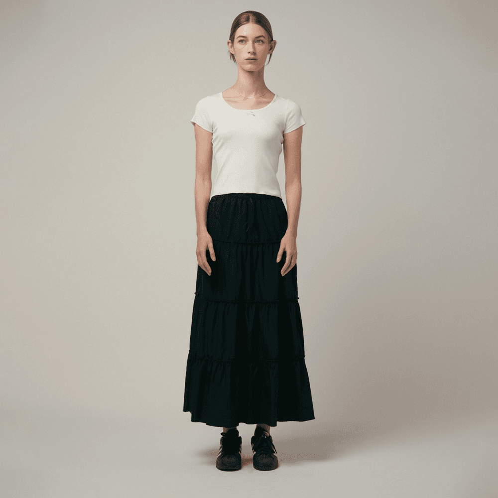 Maxi Shirring Flare Skirt (BLACK)