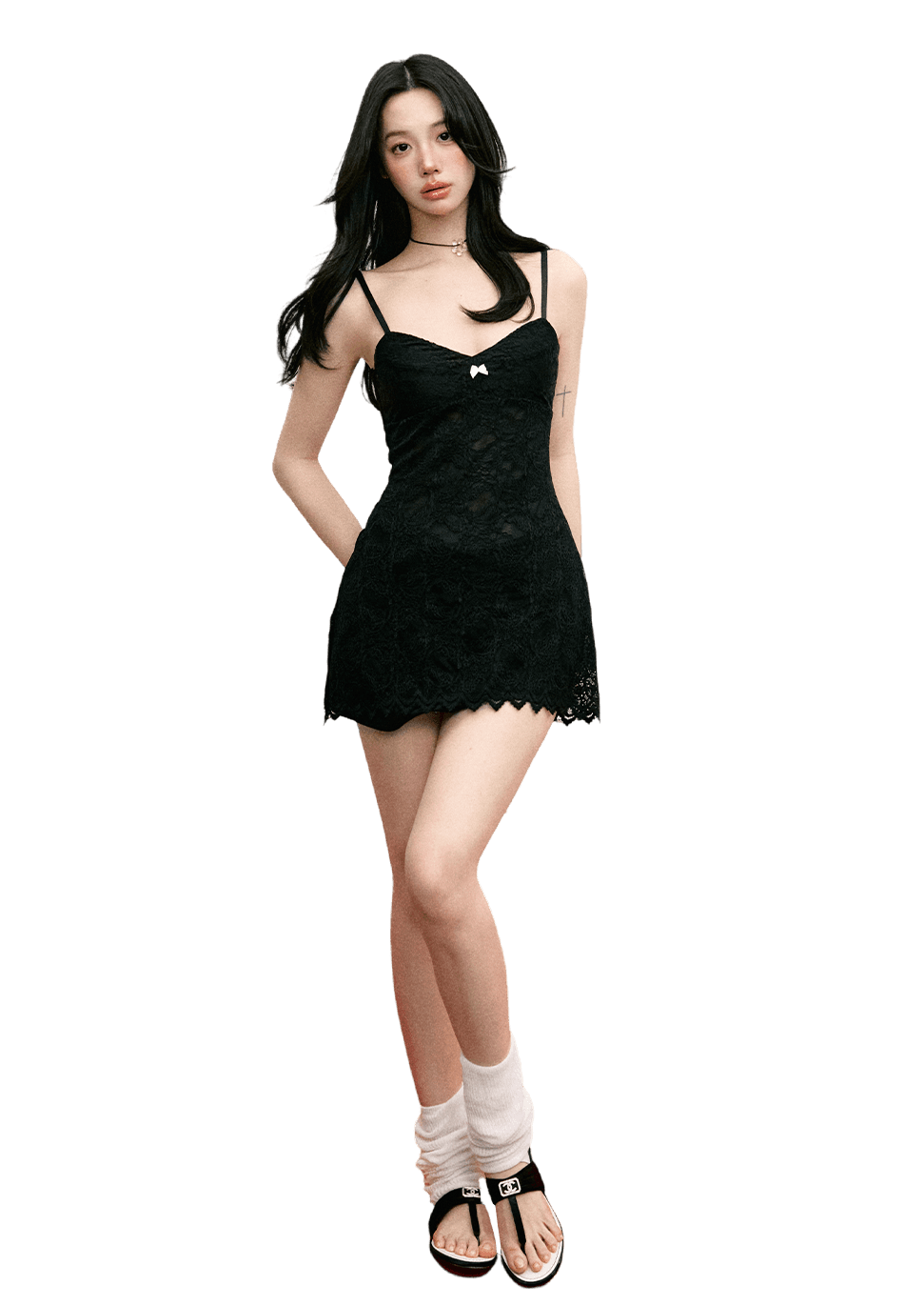 LLDC 'Red Balloon' White Bow Lace Cinched Waist Mini Dress