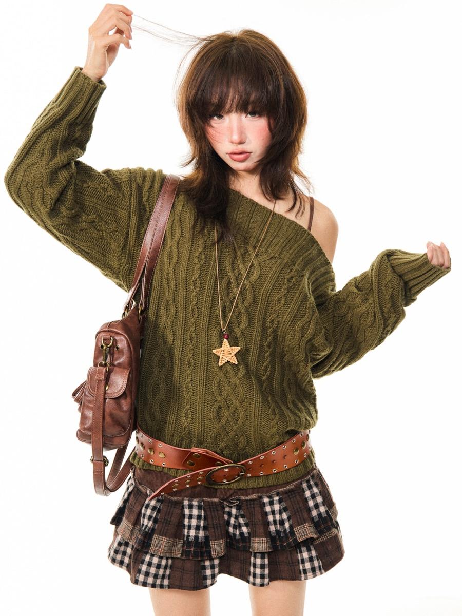 YOUNG STAGE Olive Cable Off-Shoulder Knit