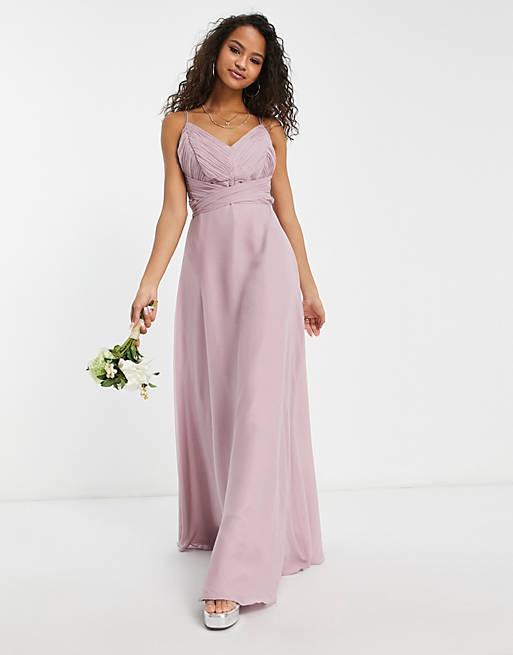 ASOS DESIGN Bridesmaid cami maxi dress with ruched bodice and tie waist in orchid