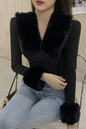 무료배송♥페이크 퍼 카라 니트 골지 긴팔 탑(블랙,화이트)