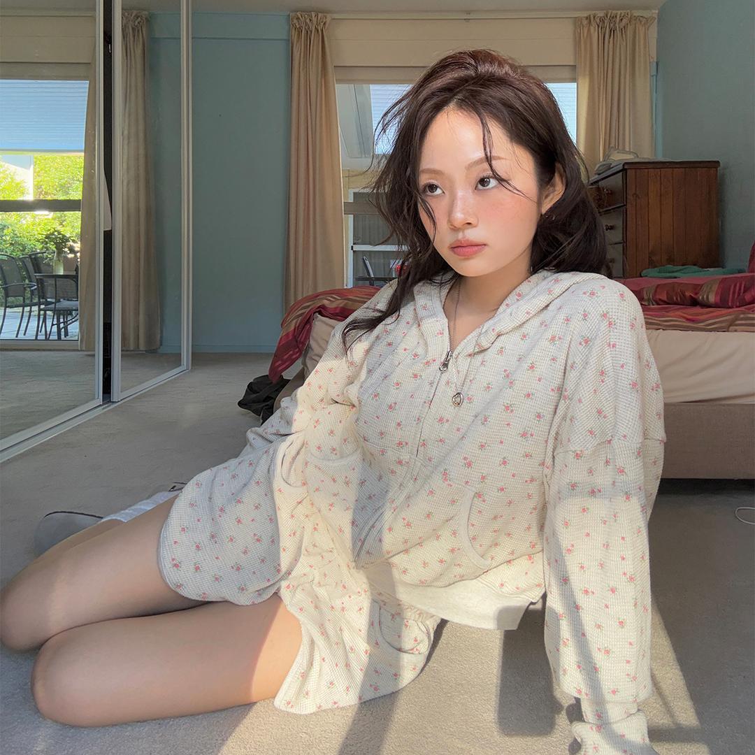 [혜정pick] 앤디 플라워 와플 후드 집업 ( 오트밀 )