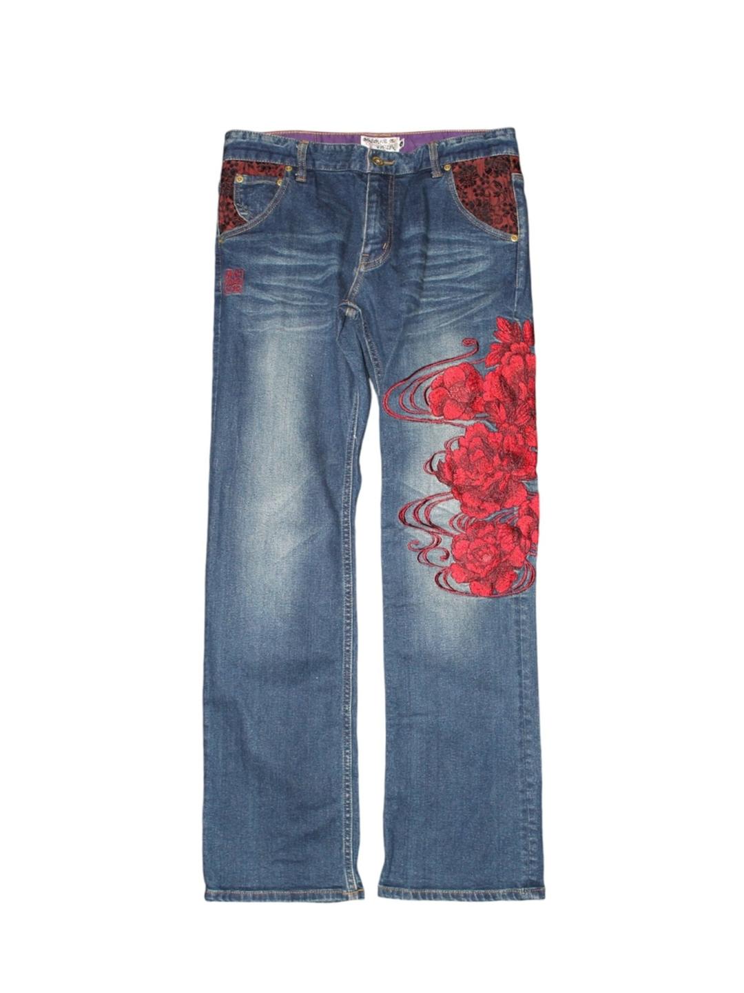 KARAKURI TAMASHII 絡繰魂 Red Flower Embroidery Oriental Denim Pants