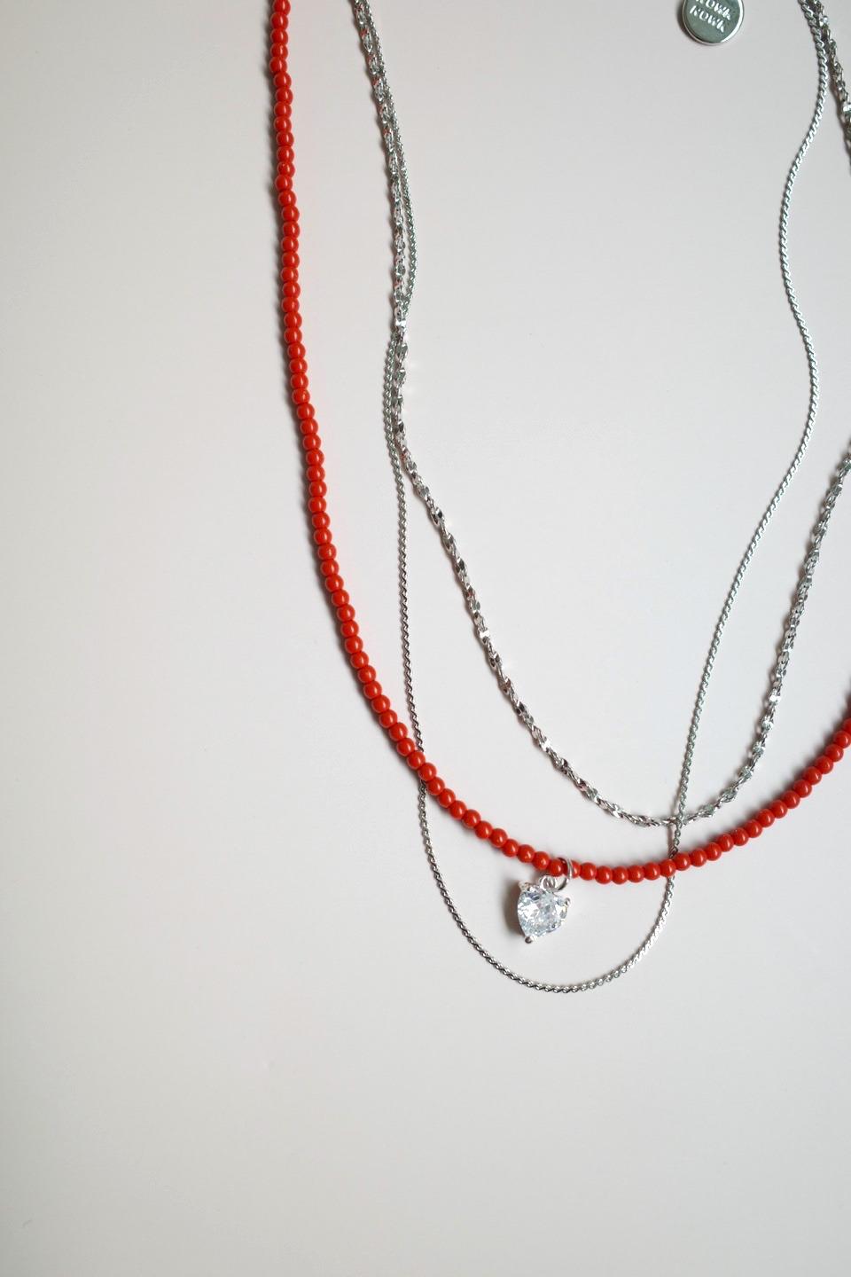 red beads&silver layered necklace SET