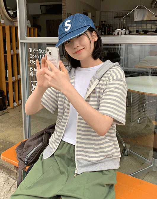 바온 유네 투웨이 단가라 반팔 후드 집업 (4color)