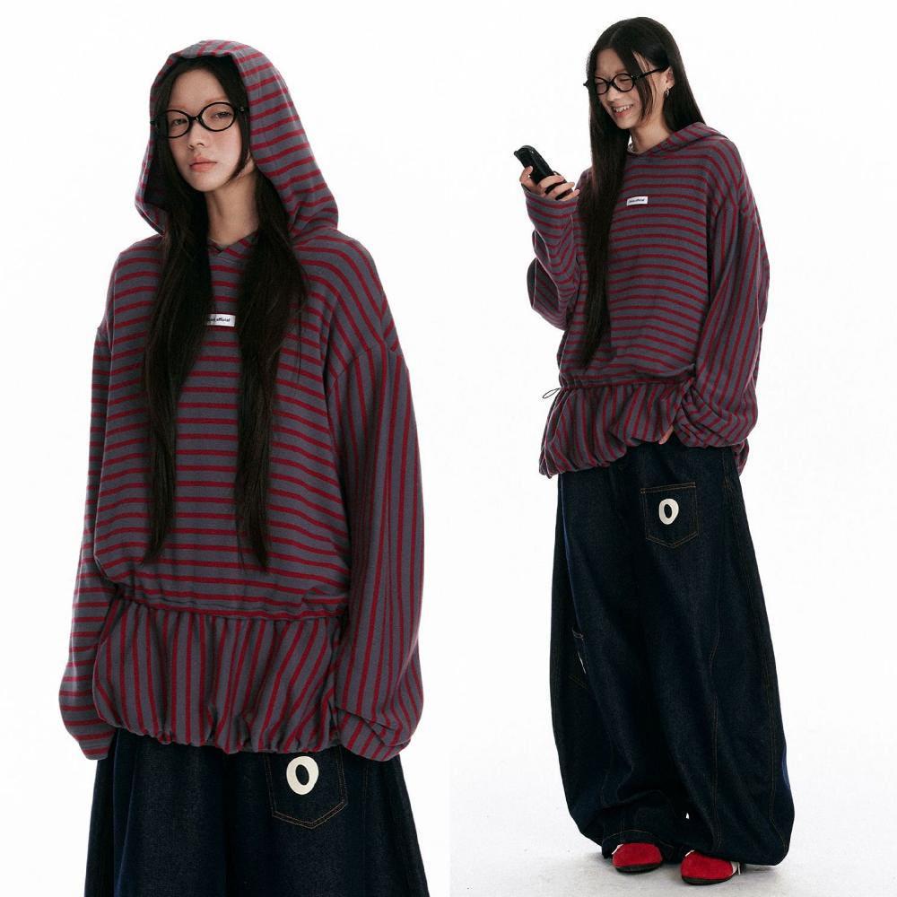 JIKOO 지쿠 후드 스트라이프 긴팔티셔츠 허리스트링 스웨트셔츠