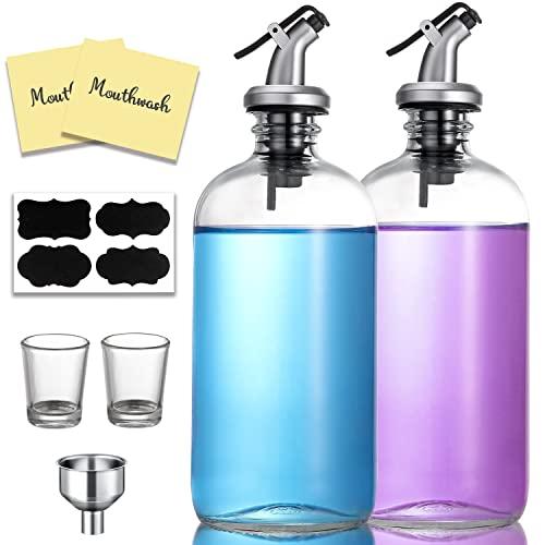 16-Ounce Glass Mouthwash Dispenser - Clear Glass Bottle with Pour Spout, Shot Glass, Funnel and Labels, Refillable Boston Round Bottles - 2 Pack
