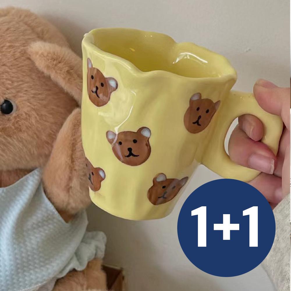 1+1 곰돌이 머그컵 어글리 머그잔 수입 핸드메이드 머그 튤립 구름