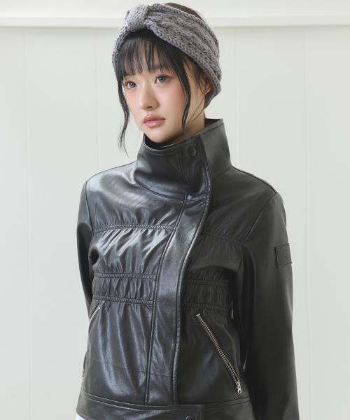 EL SHIRRING LEATHER JACKET(BLACK)