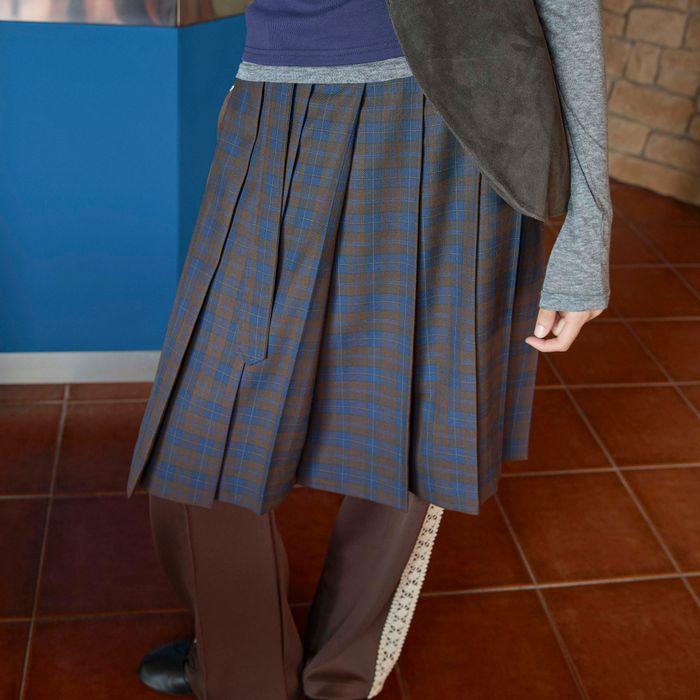 PLEATS BELTED MIDI SKIRT, CHECK