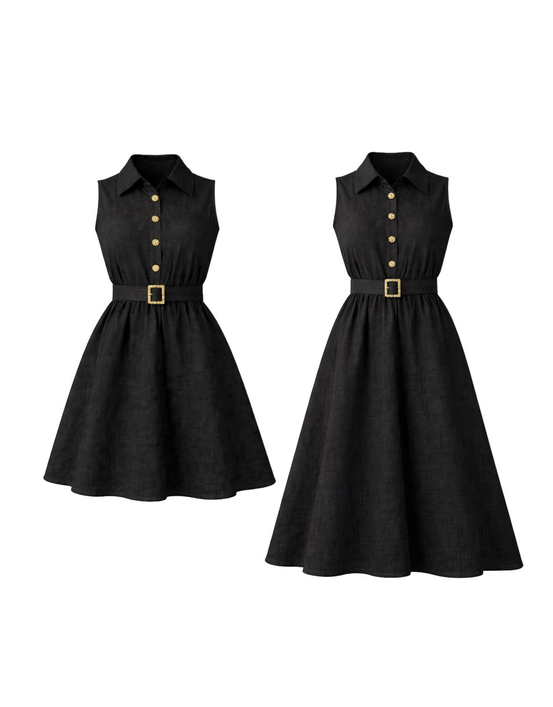 하렌 린넨 카라 버튼 벨트 플레어 원피스 블랙 숏/롱 VER
