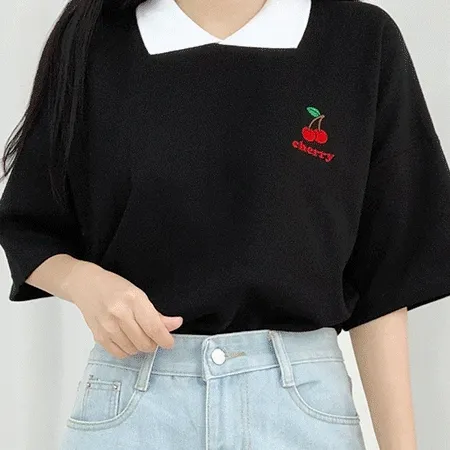 당일발송🚚 뽀짝 과일 자수 카라 반팔티 🍑🍒🍇 [리뷰극찬] 귀여운 반팔 카라티 반팔카라티 핑크 반티 교복템 복숭아 체리 크롭 크롭티 크롭반팔 여름