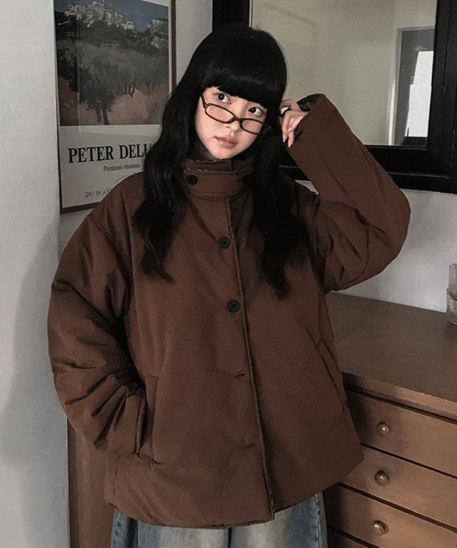 [양면착용/따숩] 버튼 하이넥 체크 배색 오버핏 패딩 점퍼