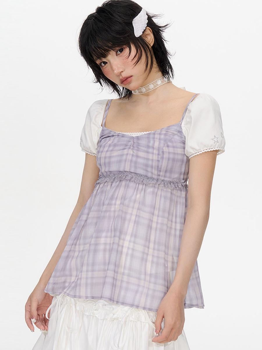 NECY STUDIO Plaid Chiffon V-neck Suspender (2color)