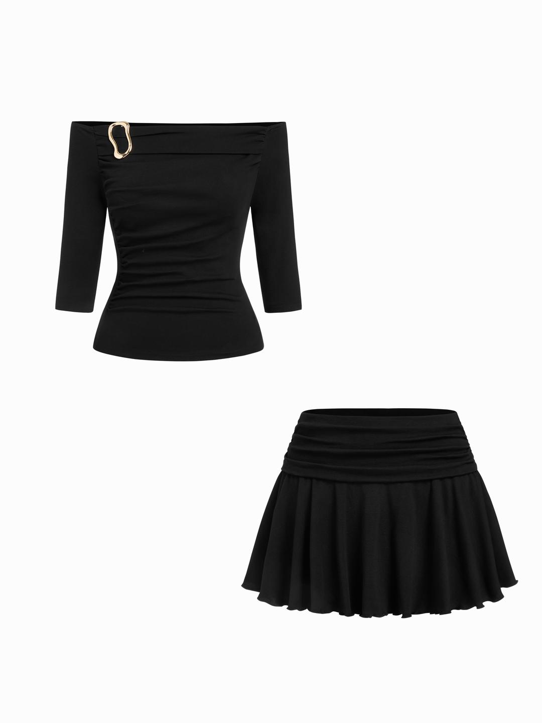 Cotton- blend Off-shoulder Metal Detail Top & Low Rise Ruched Mini Skirt  Set