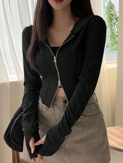 DAZY Women's Open Front Short Tight Hooded T-Shirt, Suitable For Spring And Summer
