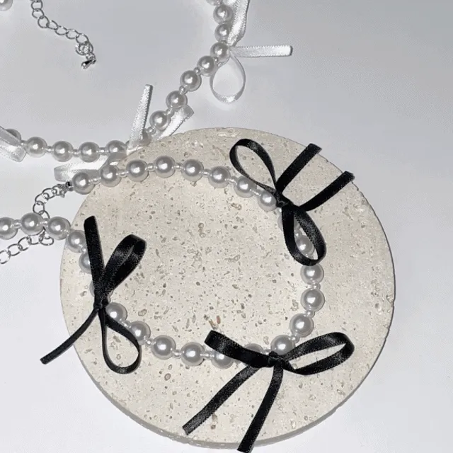 [핑크추가!!]발레코어 키치 데이비 리본 진주 초커목걸이 (3color)