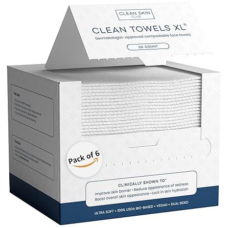 Clean Skin Club Clean Towels XL, 100% USDA 바이오 기반 페이스 타월, 일회용 페이스 타올, 습진 협회 승인, 메이크업 리무버 드라이 물티슈, 울트라 소프트, 팩당 50개, 6팩, 총 300개입