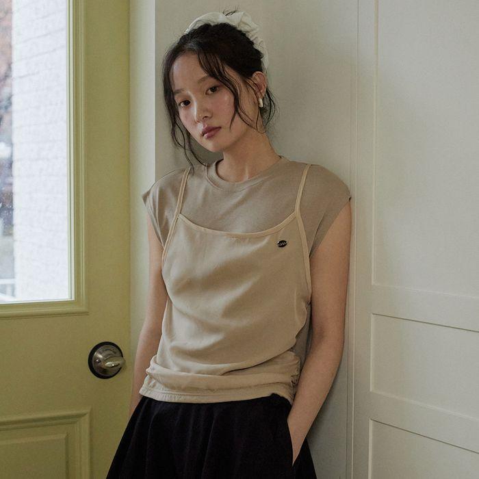 Layered bustier ribbon shirring t shirt - 4color