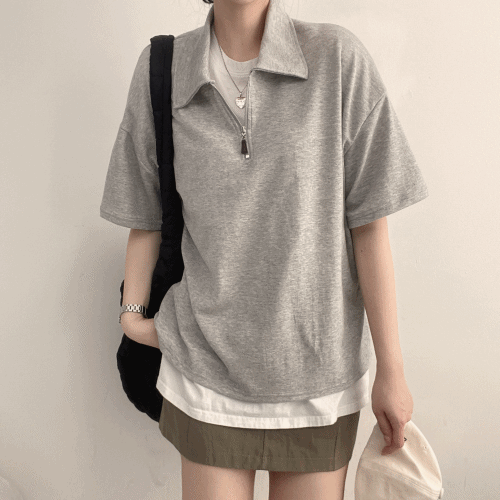 [오버핏/심플] 단정한 아노락 카라 반집업 반팔티셔츠-3color