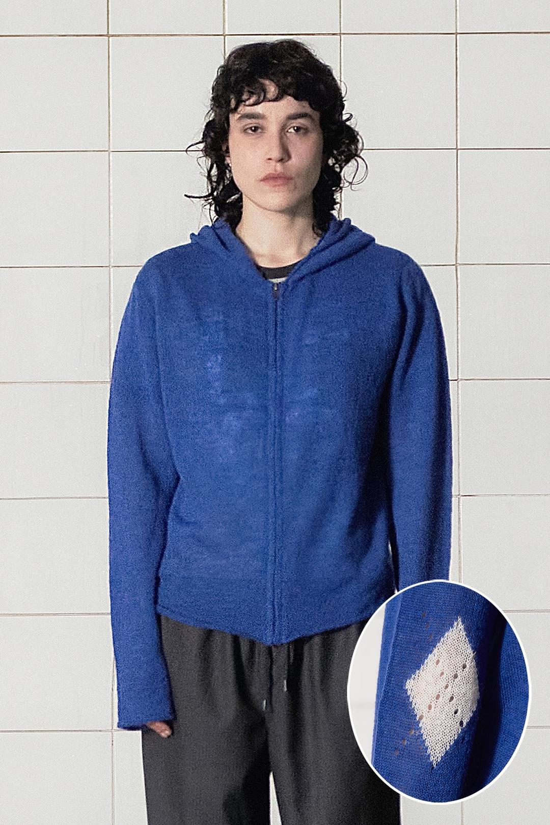 ARGYLE ELBOW KNIT ZIP-UP HOODIE / BLUE