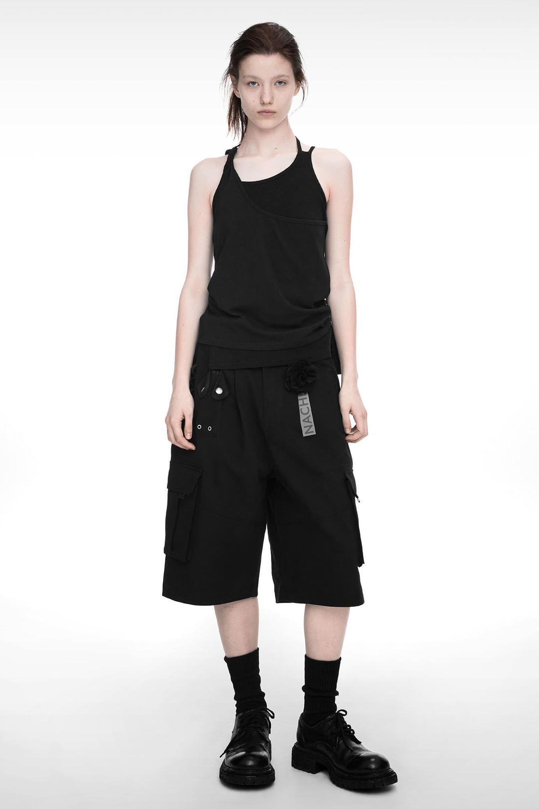WIDE CARGO HALF PANTS (UNISEX) BLACK
