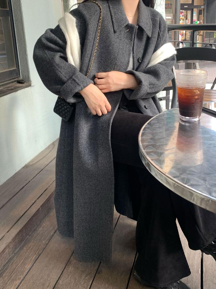 [바로 배송] 헤링본 히든 핸드메이드 코트 차콜