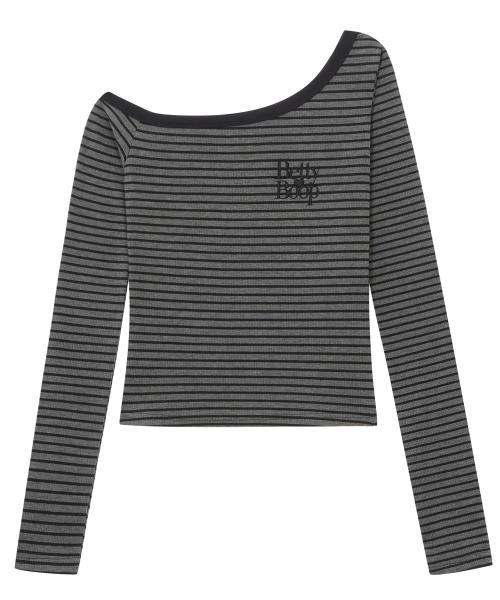 베티붑 스트라이프 원숄더 긴팔 티셔츠_그레이