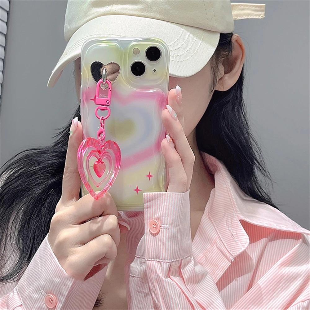 아이폰용 귀여운 그라데이션 러브 하트 스타 로즈 레드 하트 펜던트 클리어 소프트 케이스, 아이폰 12 11 13 14Pro XR X XS 맥스 보호용 후면 커버