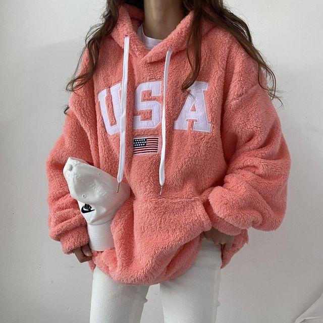양털 후리스 USA 자수 오버핏 후드 6color_스윗라떼