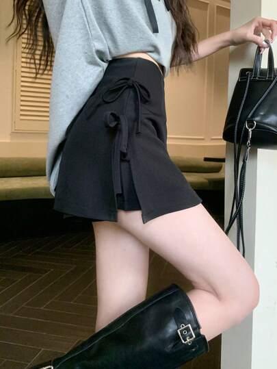 DAZY Women's Solid Color Fashionable Simple Elegant Bowknot Decor Loose Soft Tender Skirted Shorts