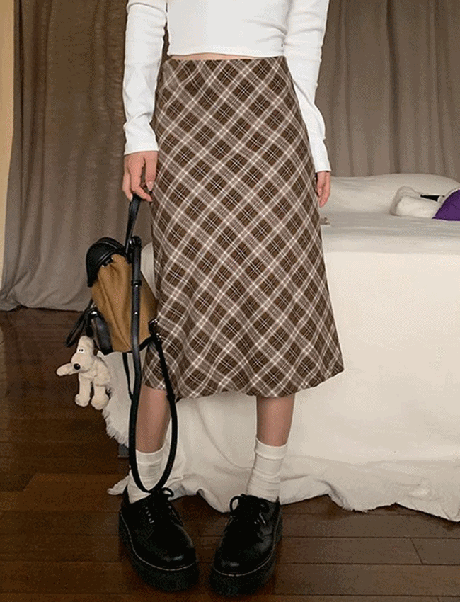 스토리 모카 빈티지 체크 에이 미디스커트