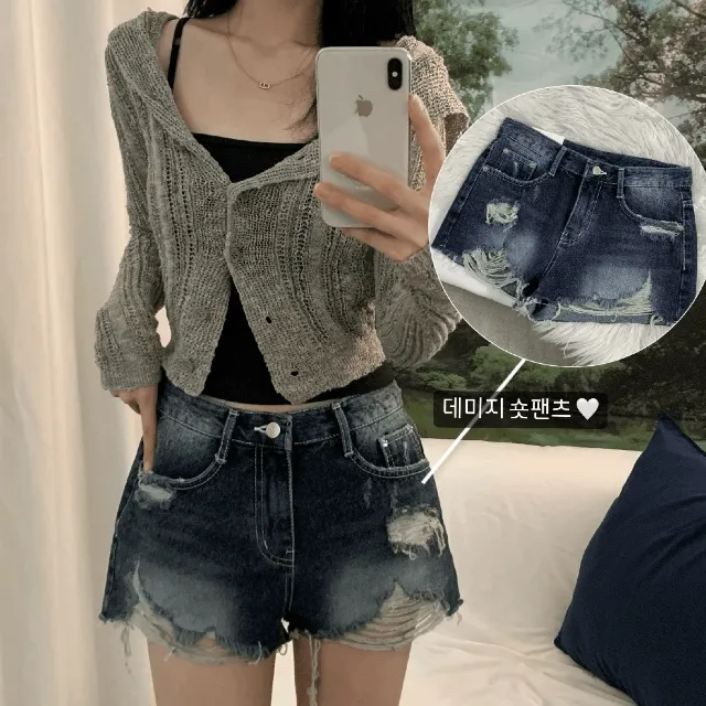 [가을신상🍂/말라핏] 데미지 진청 구제 데님 숏 반바지