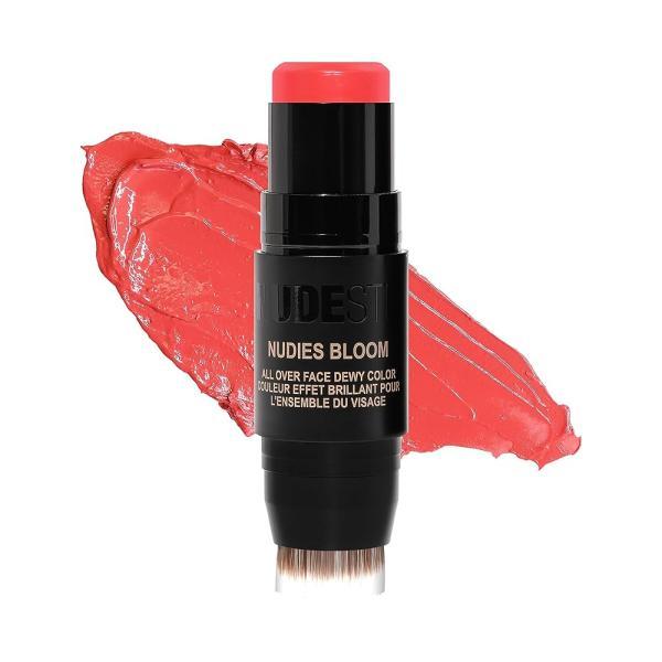 Nudestix Nudies Bloom 듀이 앤 래디언트 크림 블러쉬 3-in-1 올 오버 페이스 컬러, 뺨, 눈 및 입술용, 블렌딩 브러시 포함 (포피 걸)