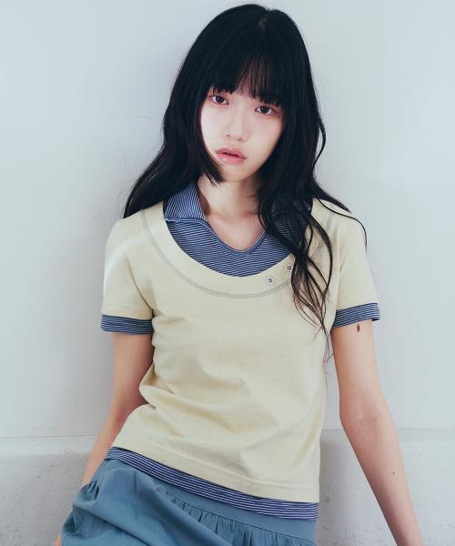 Stripe Layered Collar T-Shirts, Yellow
